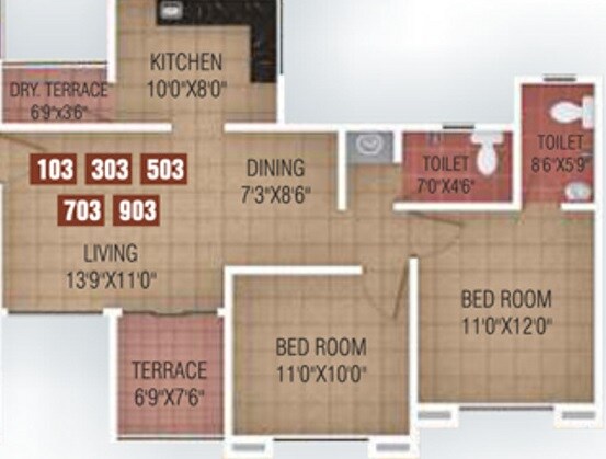 Floor plan of 2 BHK 940 Sq. Ft. Apartment in Gobind Ganesh Imperia, Pune