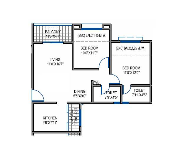 Floor plan of 2 BHK 744 Sq. Ft. Apartment in Gobind Shree Ganesh Gracia, Pune