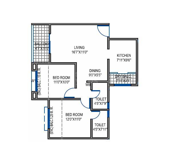 Floor plan of 2 BHK 753 Sq. Ft. Apartment in Gobind Shree Ganesh Gracia, Pune
