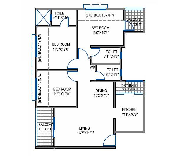 Floor plan of 3 BHK 1014 Sq. Ft. Apartment in Gobind Shree Ganesh Gracia, Pune