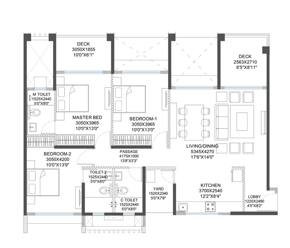 Floor plan of 3 BHK 1160 Sq. Ft. Apartment in Godrej 24X7, Pune