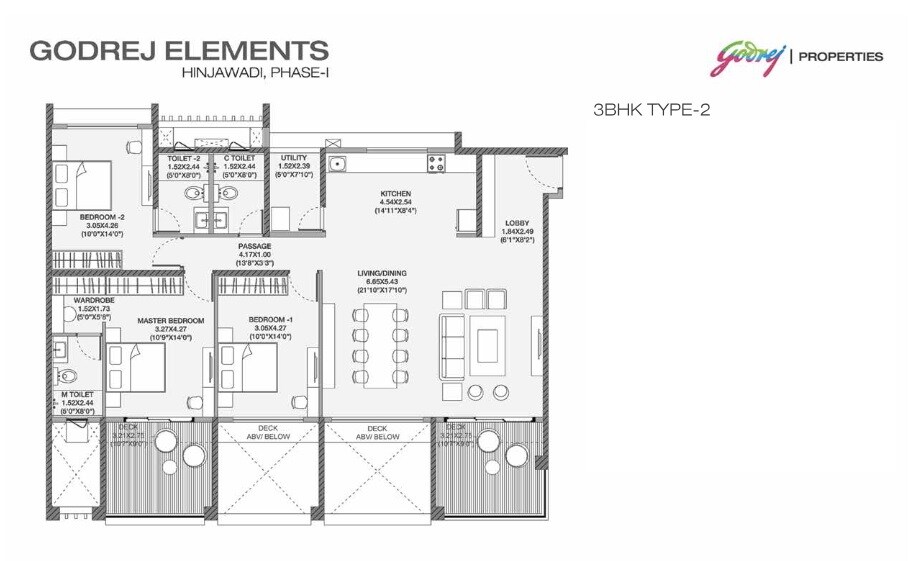 Floor plan of 3 BHK 1117 Sq. Ft. Apartment in Godrej Elements, Pune