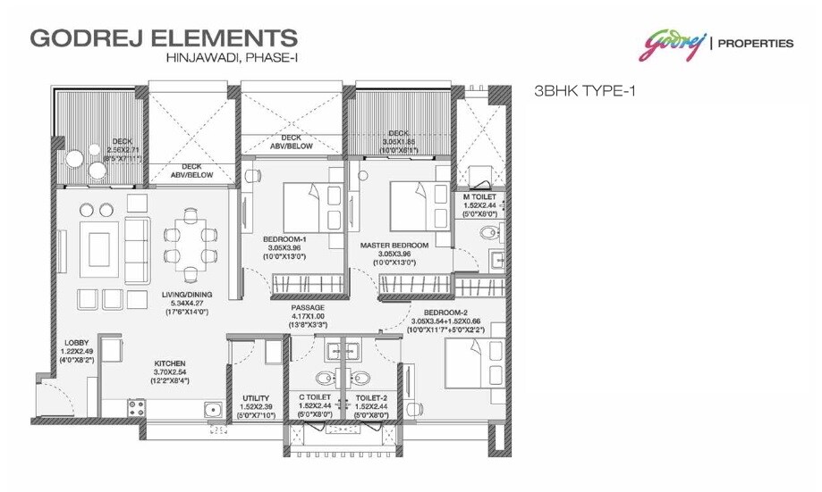 Floor plan of 3 BHK 868 Sq. Ft. Apartment in Godrej Elements, Pune