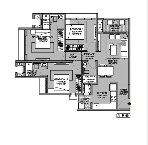 Floor plan of 3 BHK 815 Sq. Ft. Apartment in Godrej Green Vistas, Pune