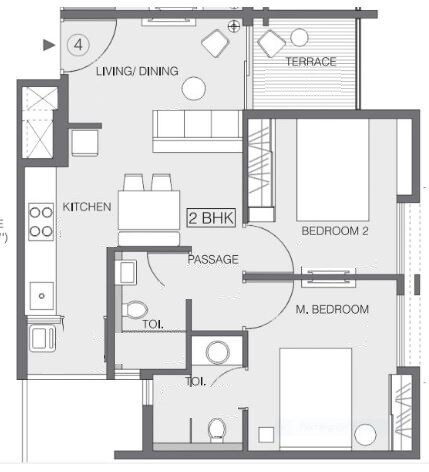 Floor plan of 2 BHK 577 Sq. Ft. Apartment in Godrej Greens, Pune