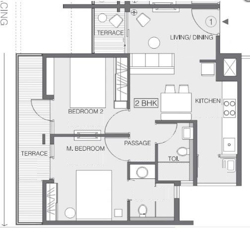 Floor plan of 2 BHK 613 Sq. Ft. Apartment in Godrej Greens, Pune