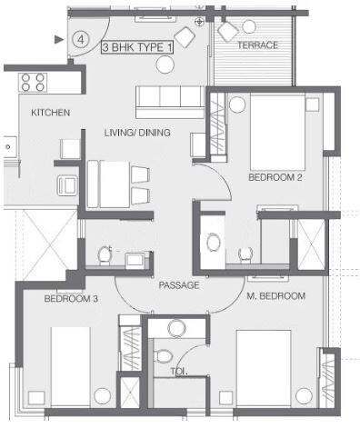 Floor plan of 3 BHK 765 Sq. Ft. Apartment in Godrej Greens, Pune