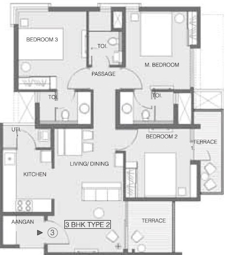 Floor plan of 3 BHK 900 Sq. Ft. Apartment in Godrej Greens, Pune