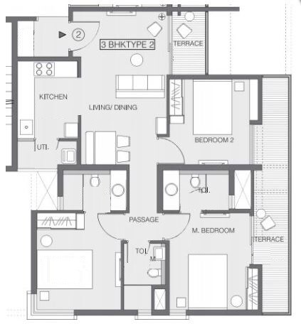 Floor plan of 3 BHK 918 Sq. Ft. Apartment in Godrej Greens, Pune