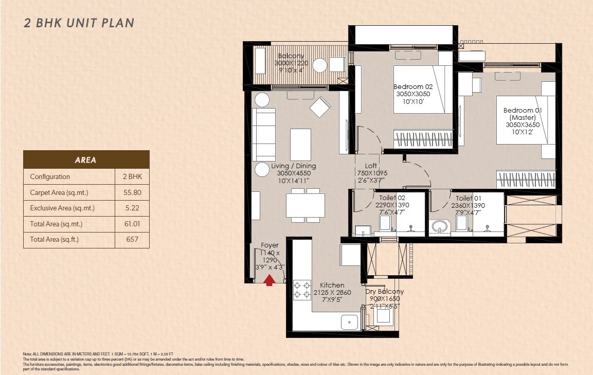Floor plan of 2 BHK 657 Sq. Ft. Apartment in Godrej Hillside 3, Pune