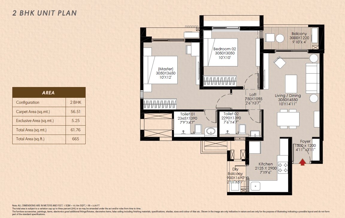 Floor plan of 2 BHK 665 Sq. Ft. Apartment in Godrej Hillside 3, Pune