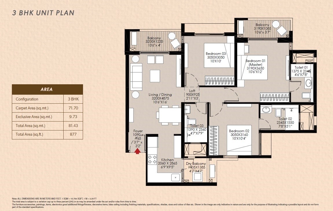 3 BHK 877 Sq. Ft. Apartment