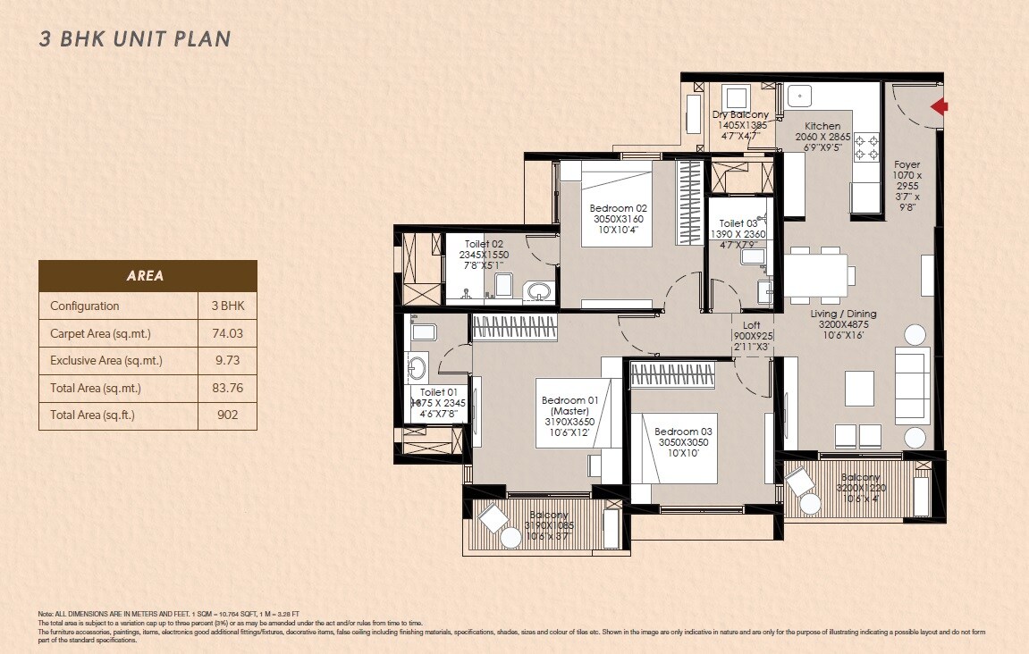 3 BHK 902 Sq. Ft. Apartment