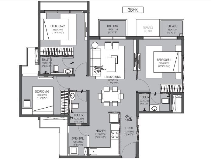 3 BHK 731 Sq. Ft. Apartment