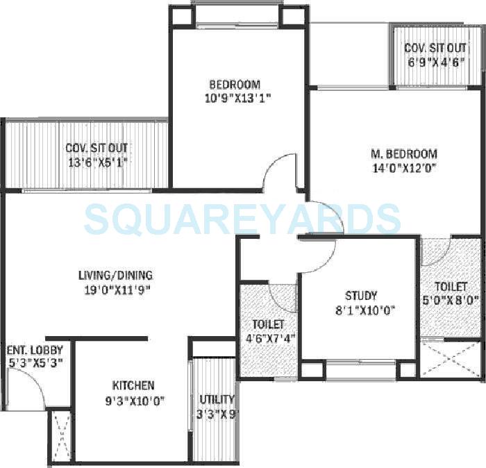 Floor plan of 2 BHK 1093 Sq. Ft. Apartment in Godrej Horizon, Pune