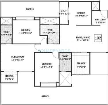 Floor plan of 3 BHK 1217 Sq. Ft. Apartment in Godrej Horizon, Pune