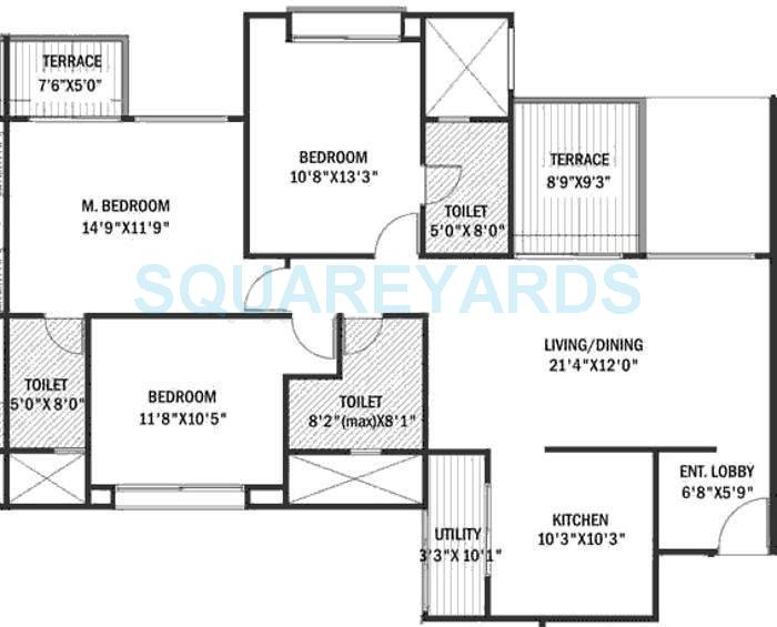 Floor plan of 3 BHK 1232 Sq. Ft. Apartment in Godrej Horizon, Pune
