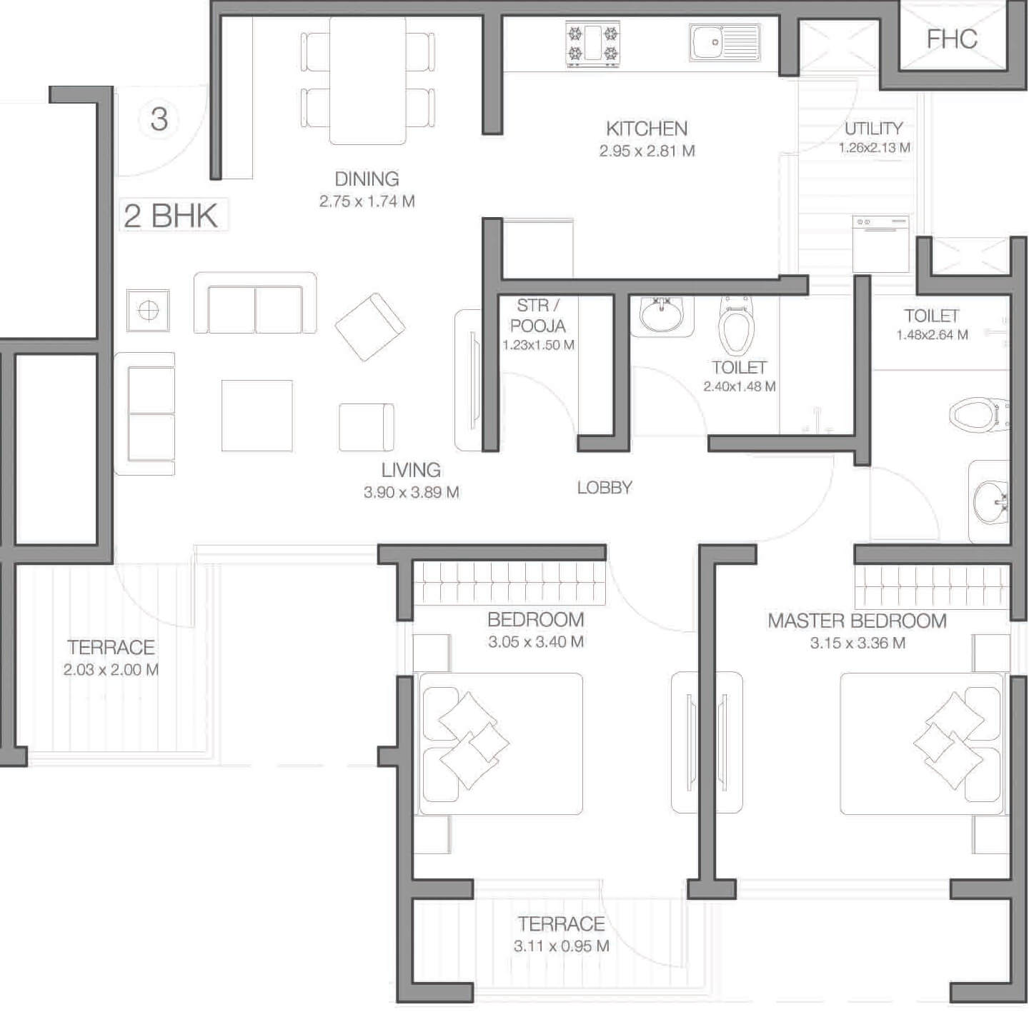 Floor plan of 2 BHK 730 Sq. Ft. Apartment in Godrej Infinity, Pune
