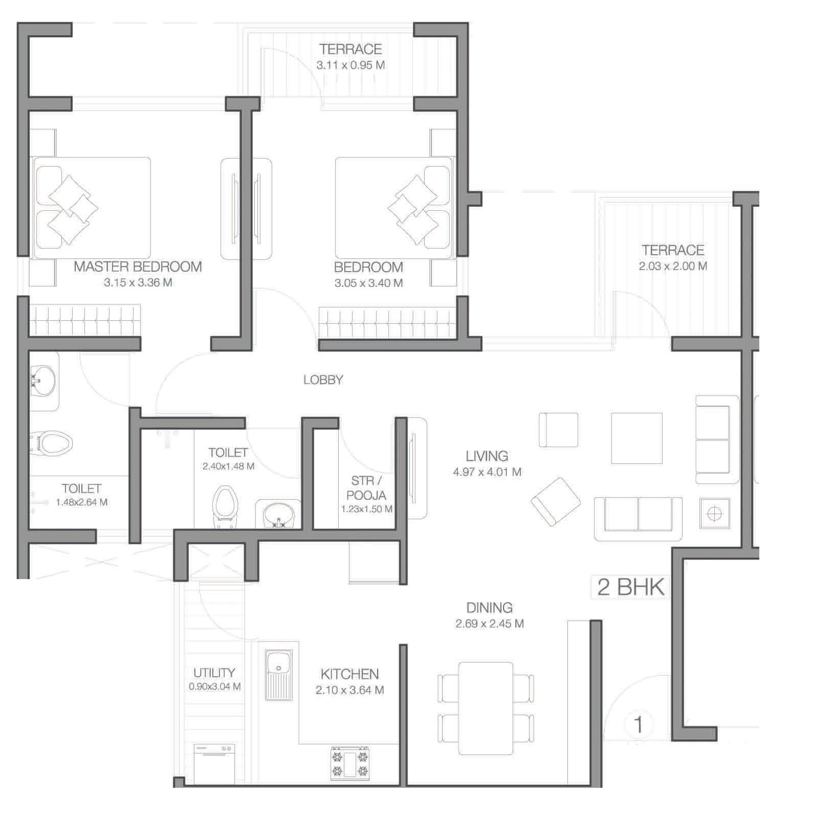 Floor plan of 2 BHK 531 Sq. Ft. Apartment in Godrej Infinity, Pune