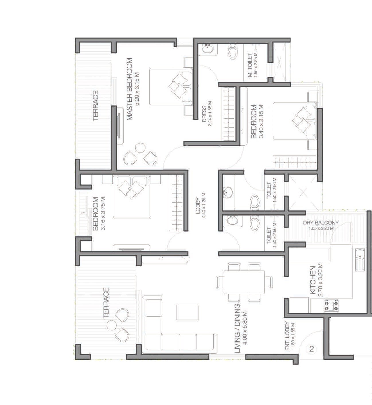 Floor plan of 3 BHK 1079 Sq. Ft. Apartment in Godrej Infinity, Pune