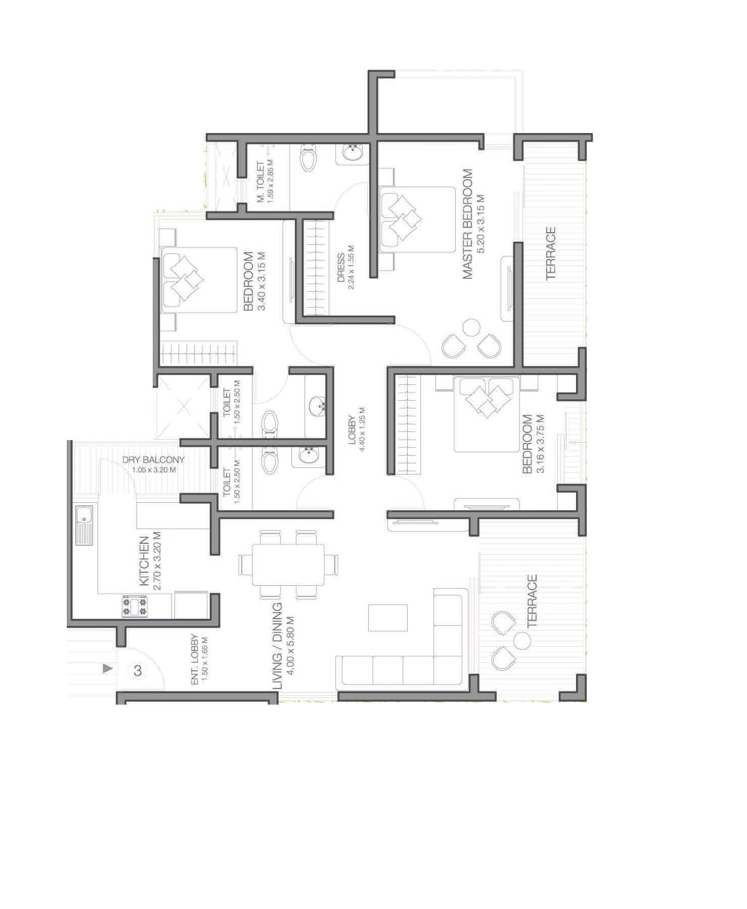 Floor plan of 3 BHK 835 Sq. Ft. Apartment in Godrej Infinity, Pune