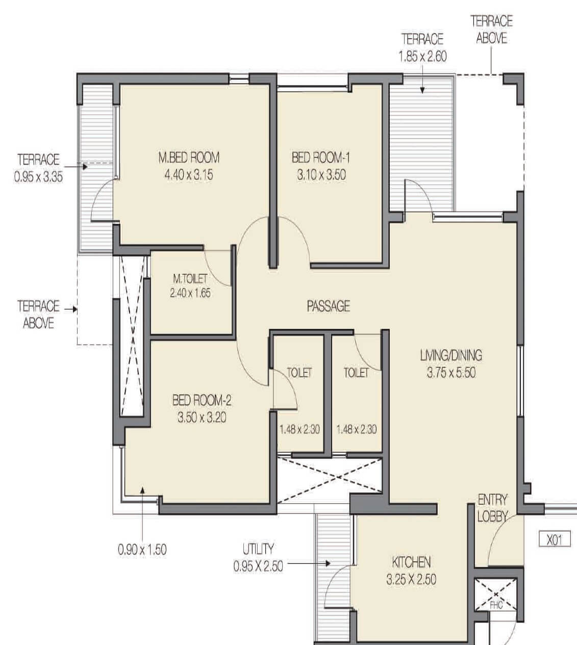 Floor plan of 3 BHK 884 Sq. Ft. Apartment in Godrej Infinity, Pune