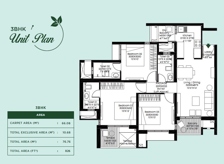 3 BHK 825 Sq. Ft. Apartment