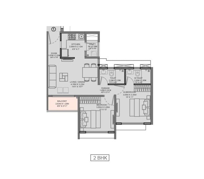 Floor plan of 2 BHK 601 Sq. Ft. Apartment in Godrej Park Springs, Pune