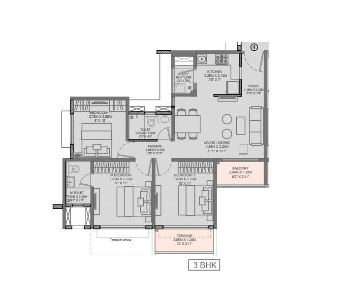Floor plan of 3 BHK 691 Sq. Ft. Apartment in Godrej Park Springs, Pune