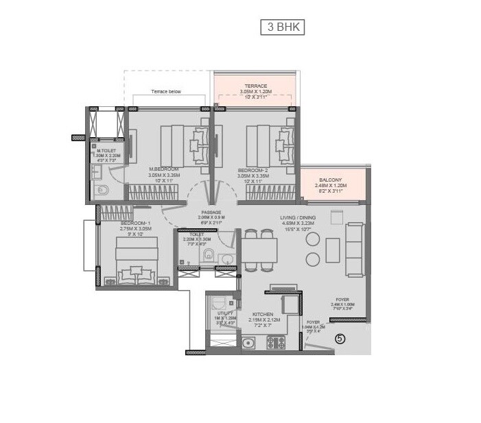 Floor plan of 3 BHK 699 Sq. Ft. Apartment in Godrej Park Springs, Pune