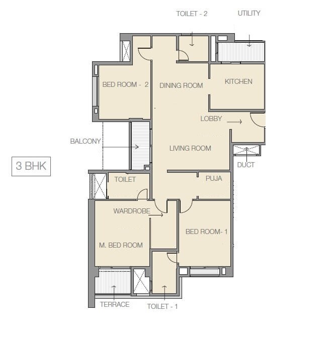 Floor plan of 3 BHK 1258 Sq. Ft. Apartment in Godrej Prana, Pune