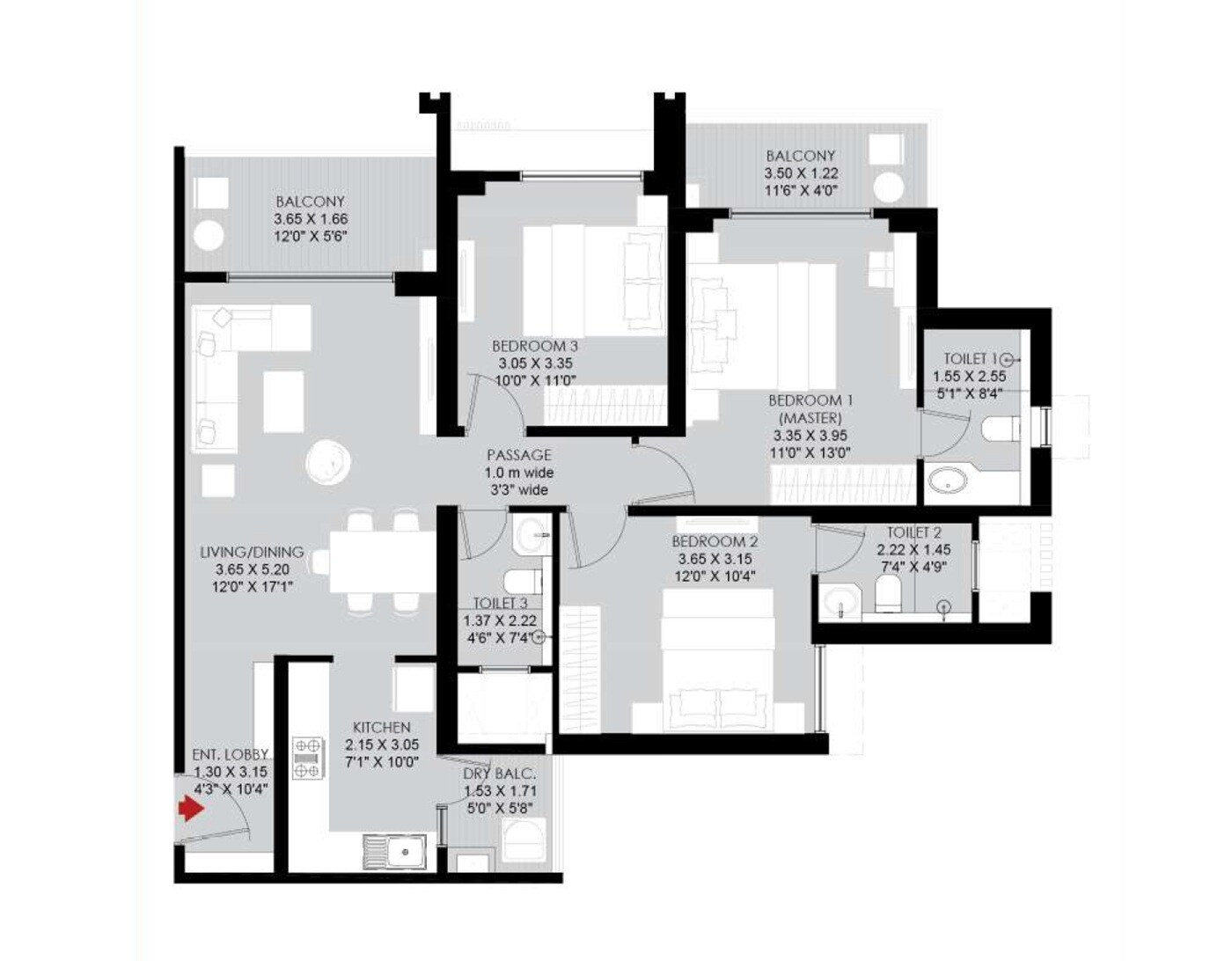 Floor plan of 3 BHK 1082 Sq. Ft. Apartment in Godrej The Aqua Retreat, Pune