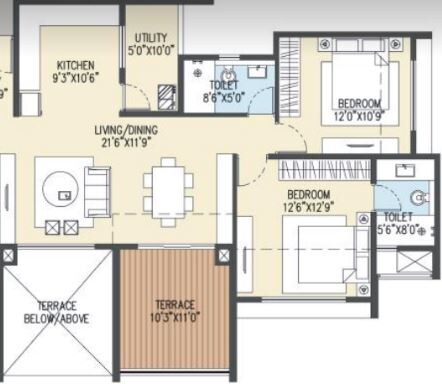 Floor plan of 2 BHK 401 Sq. Ft. Apartment in Goel Ganga Acropolis, Pune