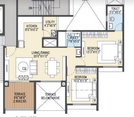 Floor plan of 2 BHK 787 Sq. Ft. Apartment in Goel Ganga Acropolis, Pune