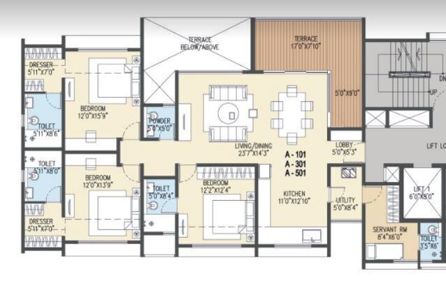 Floor plan of 3 BHK 893 Sq. Ft. Apartment in Goel Ganga Acropolis, Pune