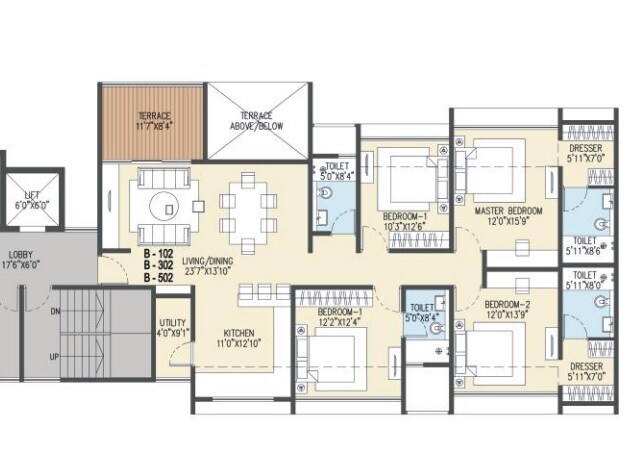 Floor plan of 3 BHK 1325 Sq. Ft. Apartment in Goel Ganga Acropolis, Pune