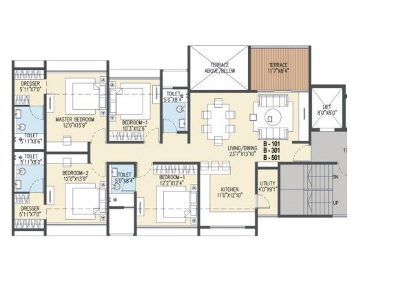 Floor plan of 3 BHK 1327 Sq. Ft. Apartment in Goel Ganga Acropolis, Pune