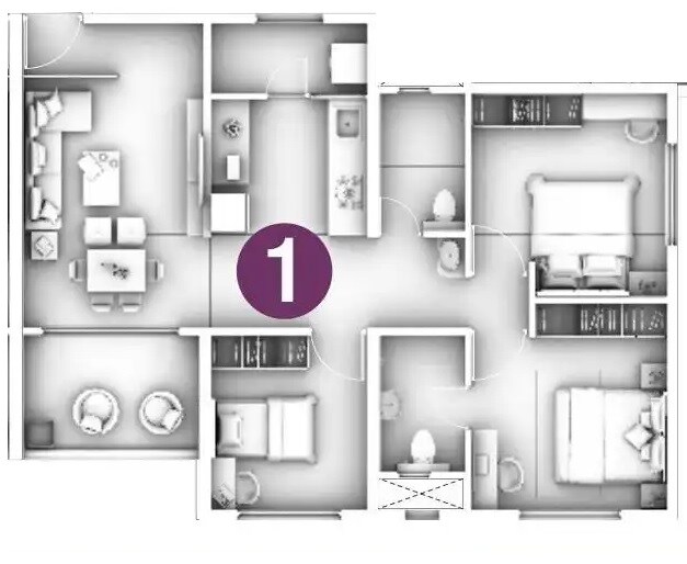 Floor plan of 3 BHK 802 Sq. Ft. Apartment in Goel Ganga Altus, Pune