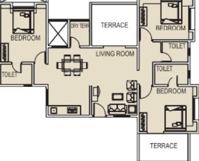 Floor plan of 3 BHK 1455 Sq. Ft. Apartment in Goel Ganga Annexe Ganga Osian Meadows, Pune