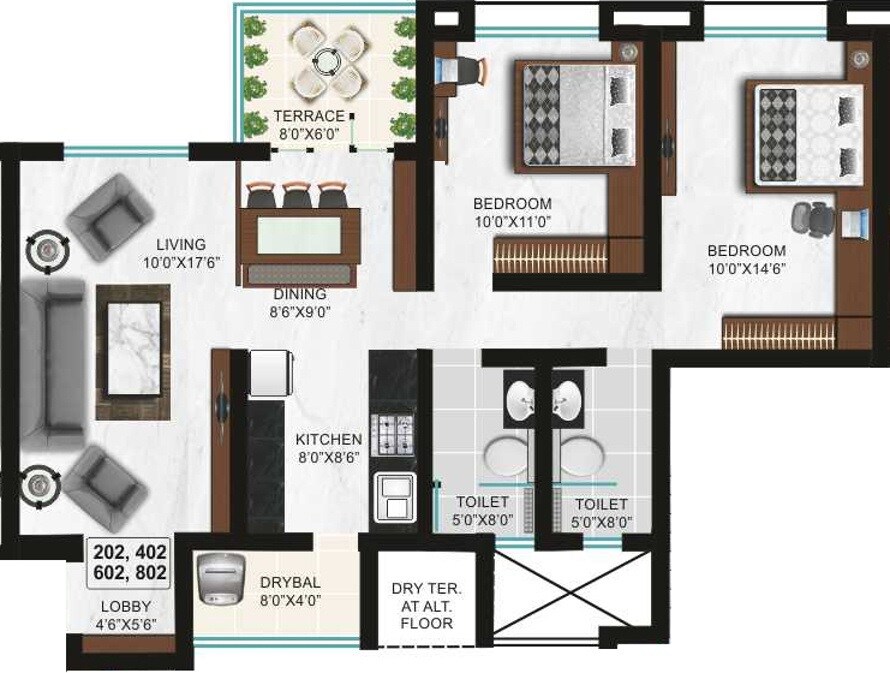 Floor plan of 2 BHK 500 Sq. Ft. Apartment in Goel Ganga Arcadia, Pune