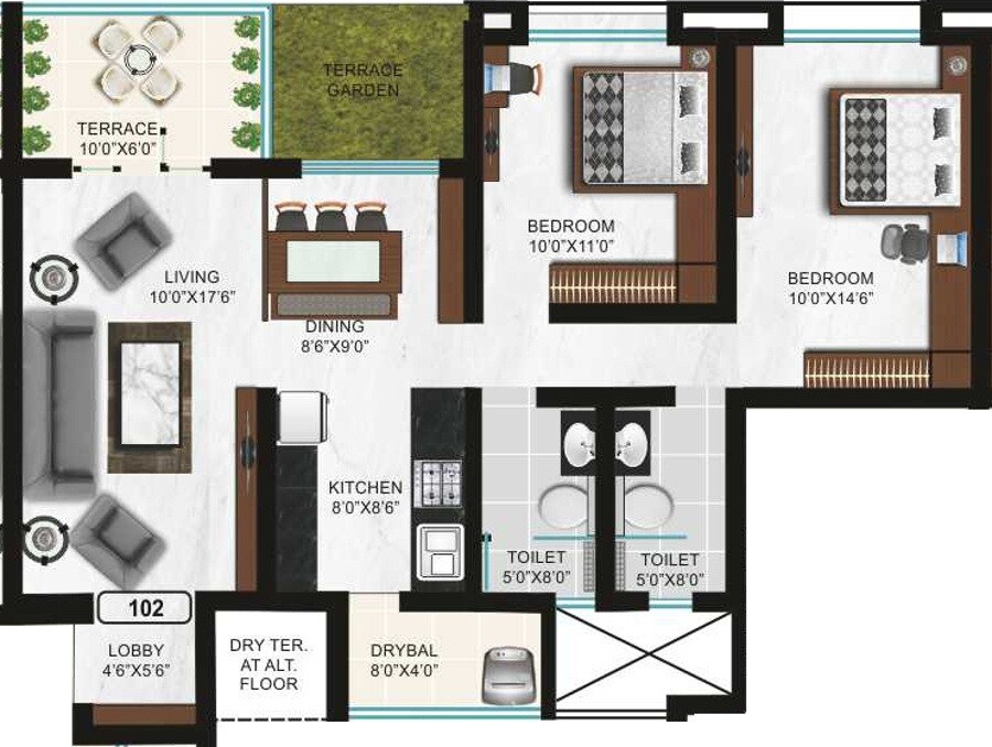 Floor plan of 2 BHK 955 Sq. Ft. Apartment in Goel Ganga Arcadia, Pune