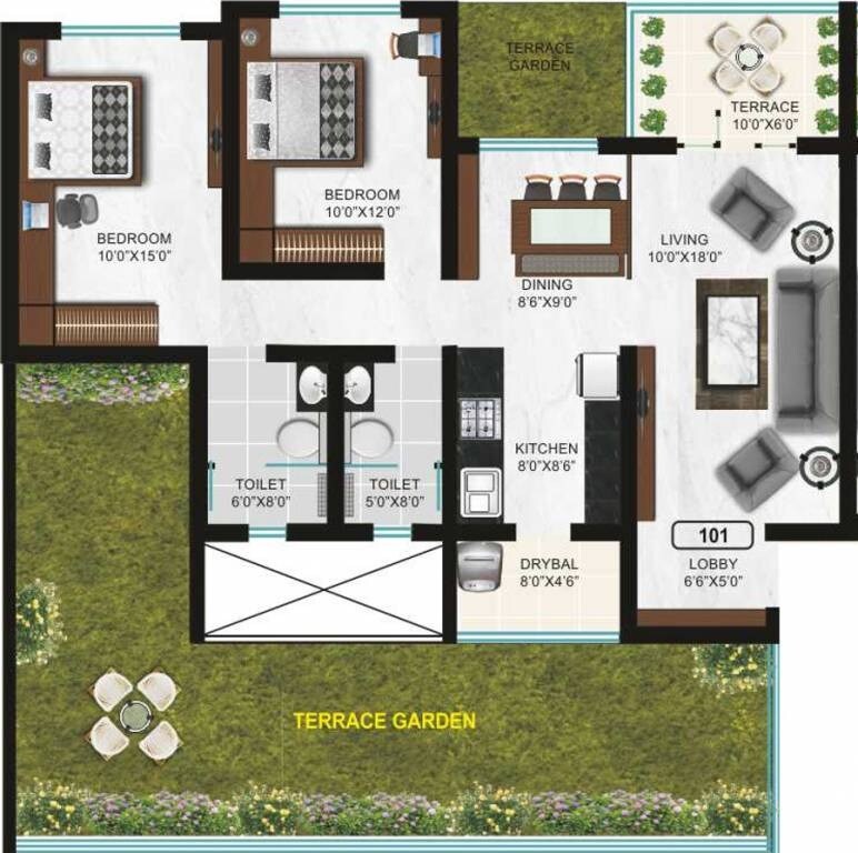 Floor plan of 2 BHK 970 Sq. Ft. Apartment in Goel Ganga Arcadia, Pune