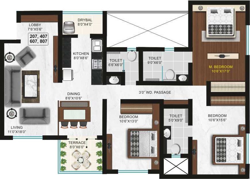 Floor plan of 3 BHK 789 Sq. Ft. Apartment in Goel Ganga Arcadia, Pune