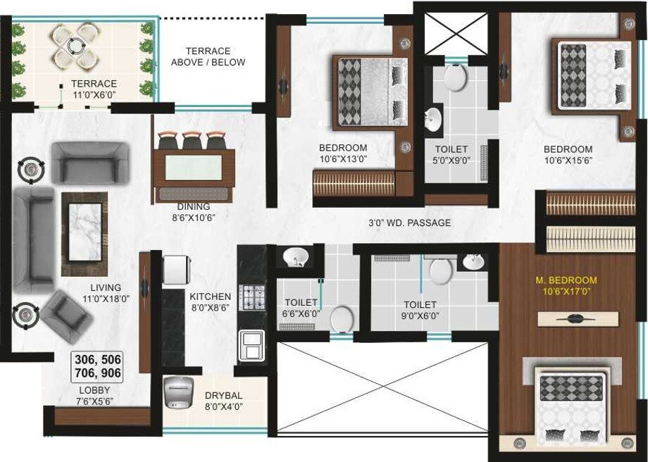 Floor plan of 3 BHK 1280 Sq. Ft. Apartment in Goel Ganga Arcadia, Pune