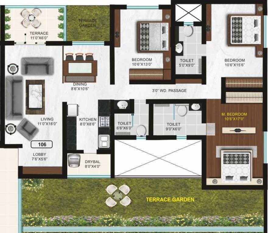 Floor plan of 3 BHK 1302 Sq. Ft. Apartment in Goel Ganga Arcadia, Pune