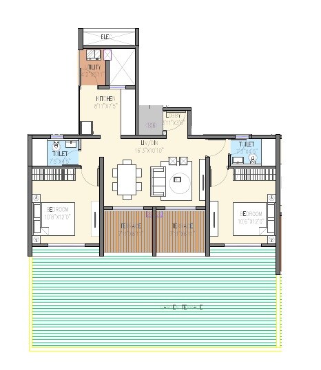 Floor plan of 2 BHK 649 Sq. Ft. Apartment in Goel Ganga Aria, Pune