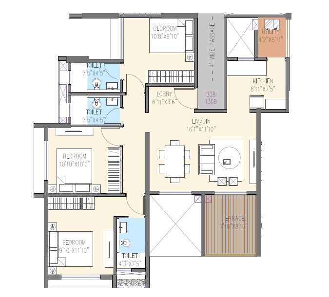 Floor plan of 3 BHK 828 Sq. Ft. Apartment in Goel Ganga Aria, Pune