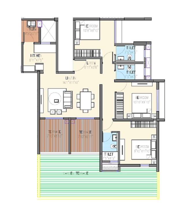 Floor plan of 3 BHK 847 Sq. Ft. Apartment in Goel Ganga Aria, Pune
