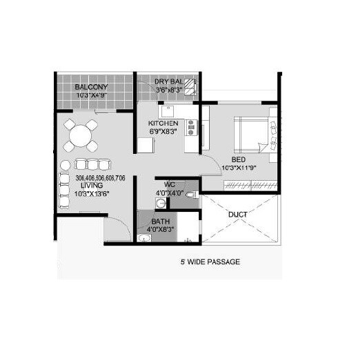 Floor plan of 1 BHK 525 Sq. Ft. Apartment in Goel Ganga Ashray, Pune