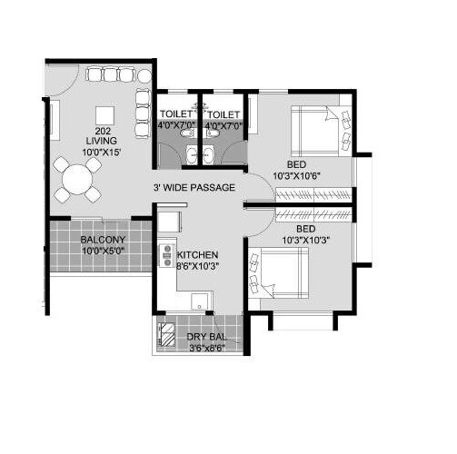 Floor plan of 2 BHK 650 Sq. Ft. Apartment in Goel Ganga Ashray, Pune